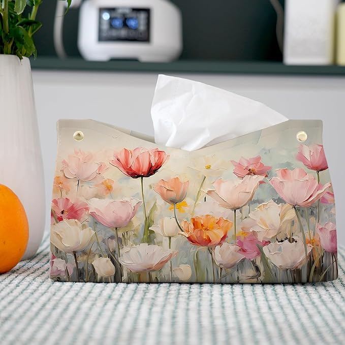 Spring Floral Leather Tissue Box Cover Rectangle, Tulip Flower Toilet Paper Box - Image 2