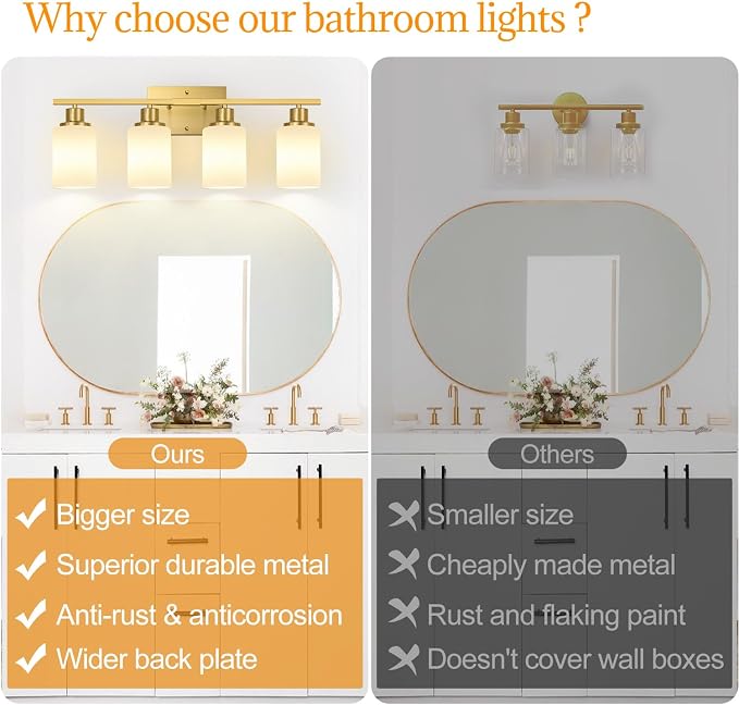 4-Light Bathroom Light Fixtures, Brushed Gold Vanity Lights - Image 2