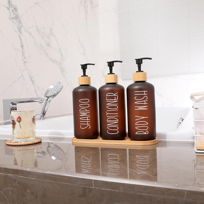 MOMEEMO Amber Shower Dispenser Set, Contains 3 Extra-Thick PET Plastic Bottles - Image 7