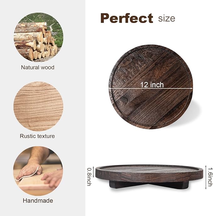 Round Decorative Tray Wood Bathroom Counter Organizer Farmhouse Kitchen Decor - Image 4