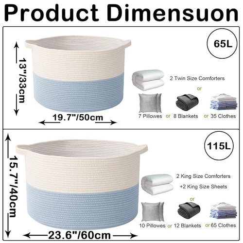 115L Large Blanket Basket, 23.6" L x 23.6" W x 15.7" H Rope Woven Baskets - Image 2