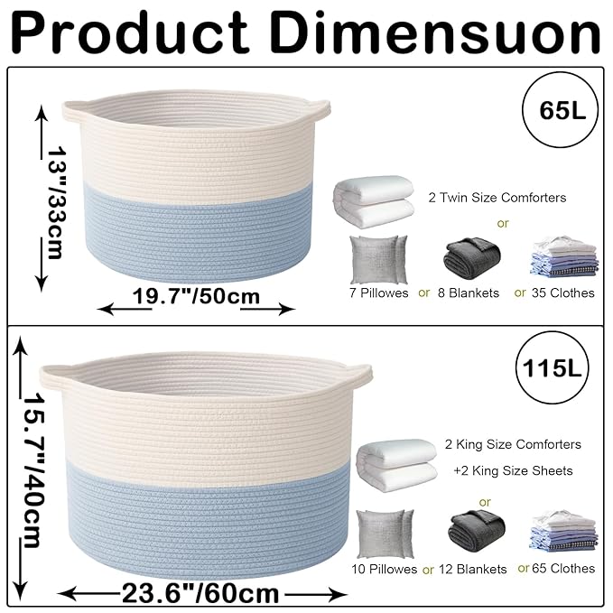 65L Large Blanket Basket, 19.7" L x 19.7" W x 13" H Rope Woven Baskets - Image 2
