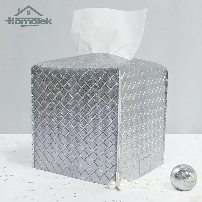 HOMOTEK 2 Pack Tissue Box Cover, Square PU Leather Tissue Holder, Decorative - Image 4