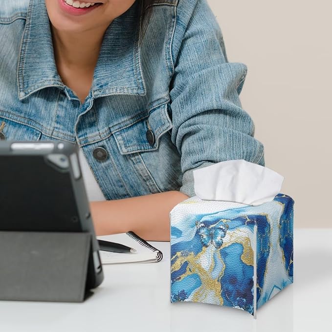 Blue Marble Butterfly Modern Tissue Box Holder, Waterproof Square PU Leather - Image 6