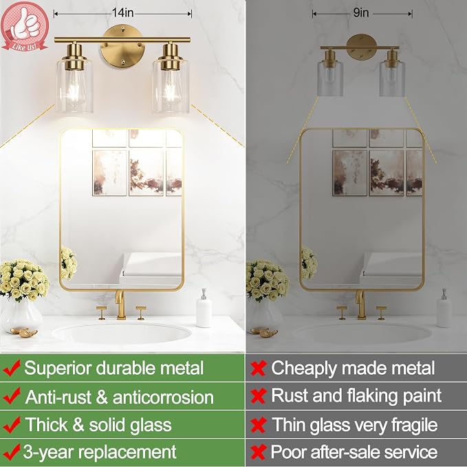 2-Light Bathroom Light Fixtures, Brushed Gold Vanity Light, Modern Vanity Lights - Image 3