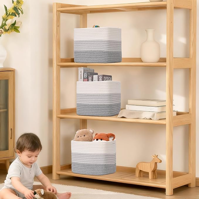 3 Pack Cube Storage Bin, 9”x9”x7” Cotton Rope Woven Baskets - Image 8