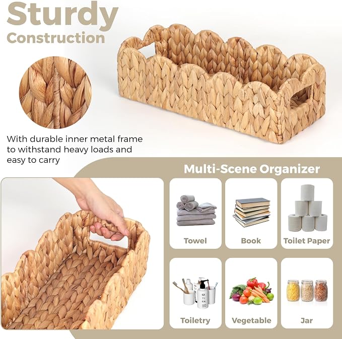 Handwoven Water Hyacinth Scalloped Countertop Storage Basket, Toilet Tank Basket - Image 3
