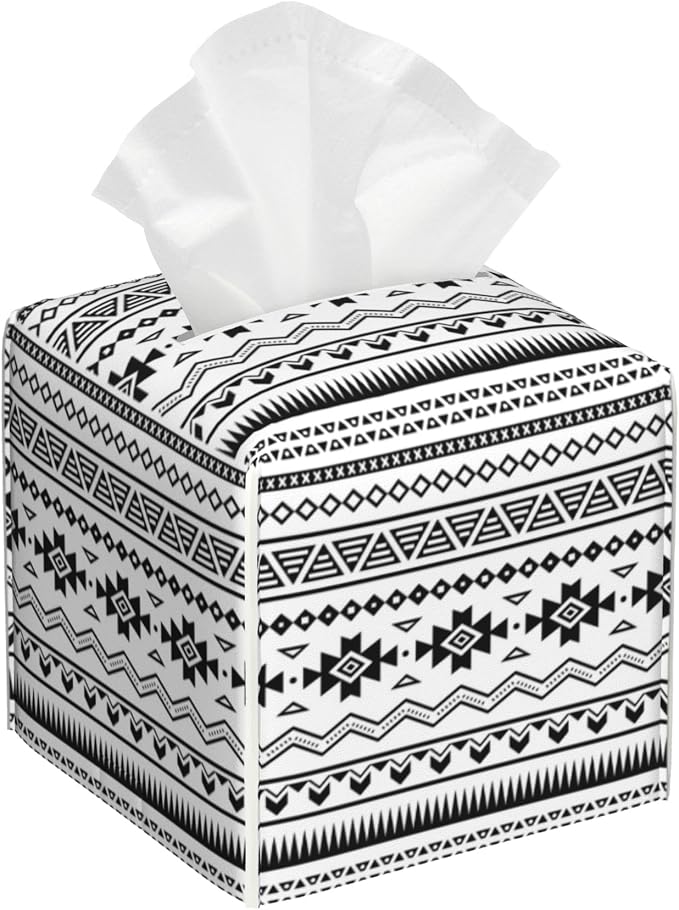 Boho Black White Geometric Tissue Box Cover Square, Abstract Tribal Symbol by sndheke