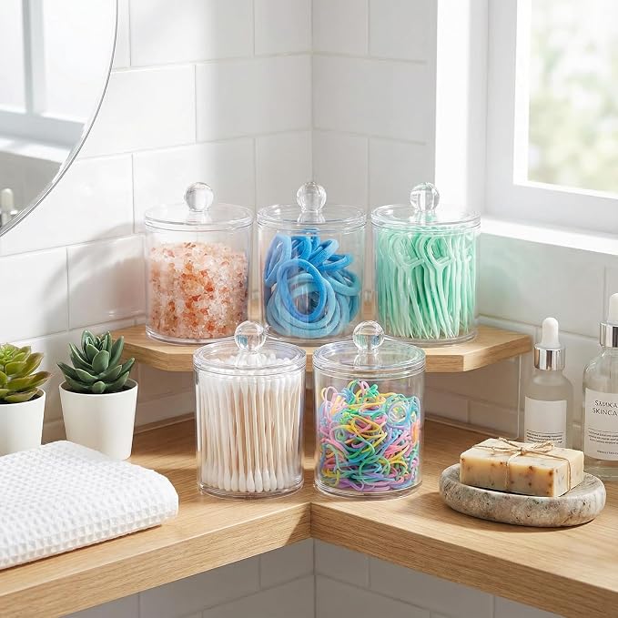 SheeChung 4-Pack Clear Acrylic Apothecary Jars - 10oz & 12oz Qtip Holder Set - - Image 4
