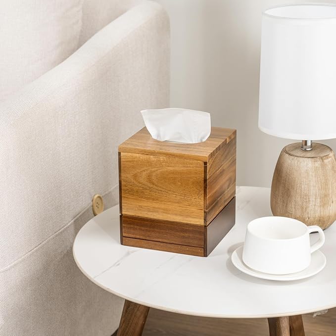 MyGift Premium Dual Tone Solid Acacia Wood Square Bathroom Facial Tissue Box - Image 8