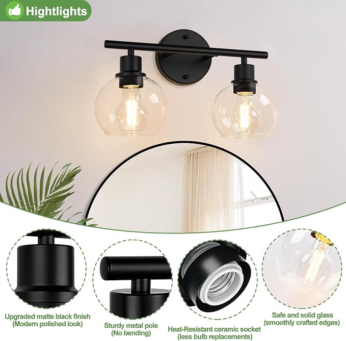 2-Light Bathroom Vanity Light, Matte Black Bathroom Light Fixture Over Mirror - Image 3