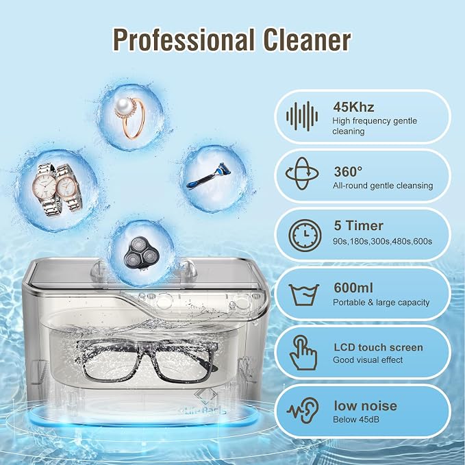 LifeBasis Ultrasonic Cleaner, Professional 45kHz Ultrasonic Jewelry Cleaner 20 - Image 2