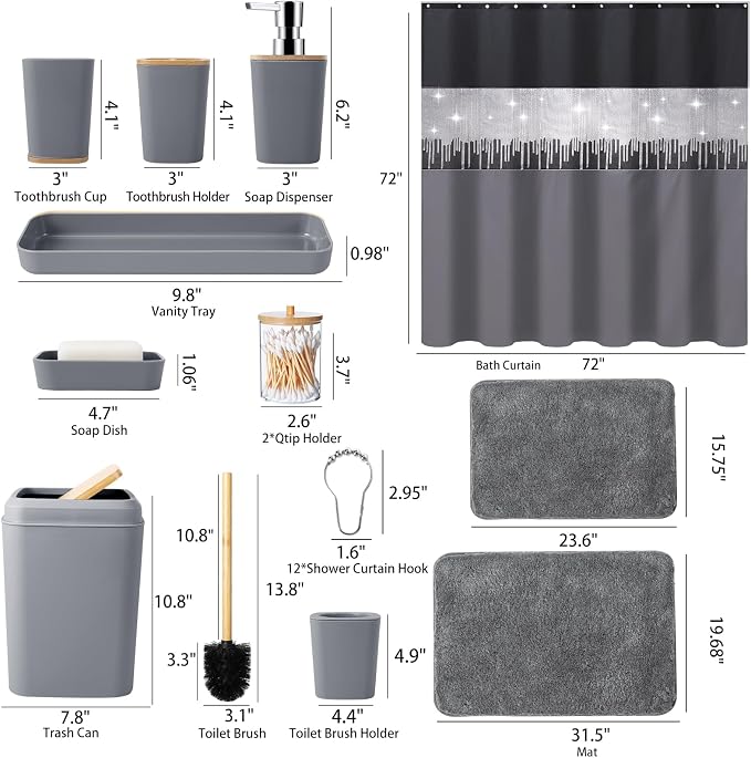 Bathroom Accessories Set with Glitter Shower Curtain and Bath Mats, 24 Piece - Image 7