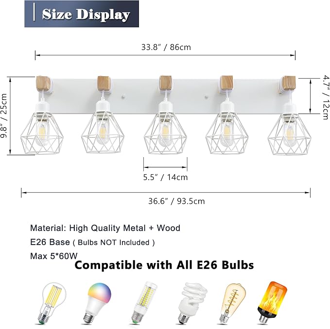 White Bathroom Vanity Light Fixtures, 5-Light Wood Bathroom Light Fixtures Over - Image 3