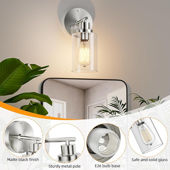 GORDNWE Set of 2 Bathroom Wall Sconce, Brushed Nickel Vanity Light, Modern Wall - Image 4