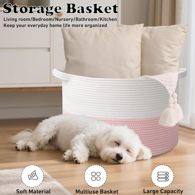 115L Large Blanket Basket, 23.6" L x 23.6" W x 15.7" H Rope Woven Baskets - Image 6