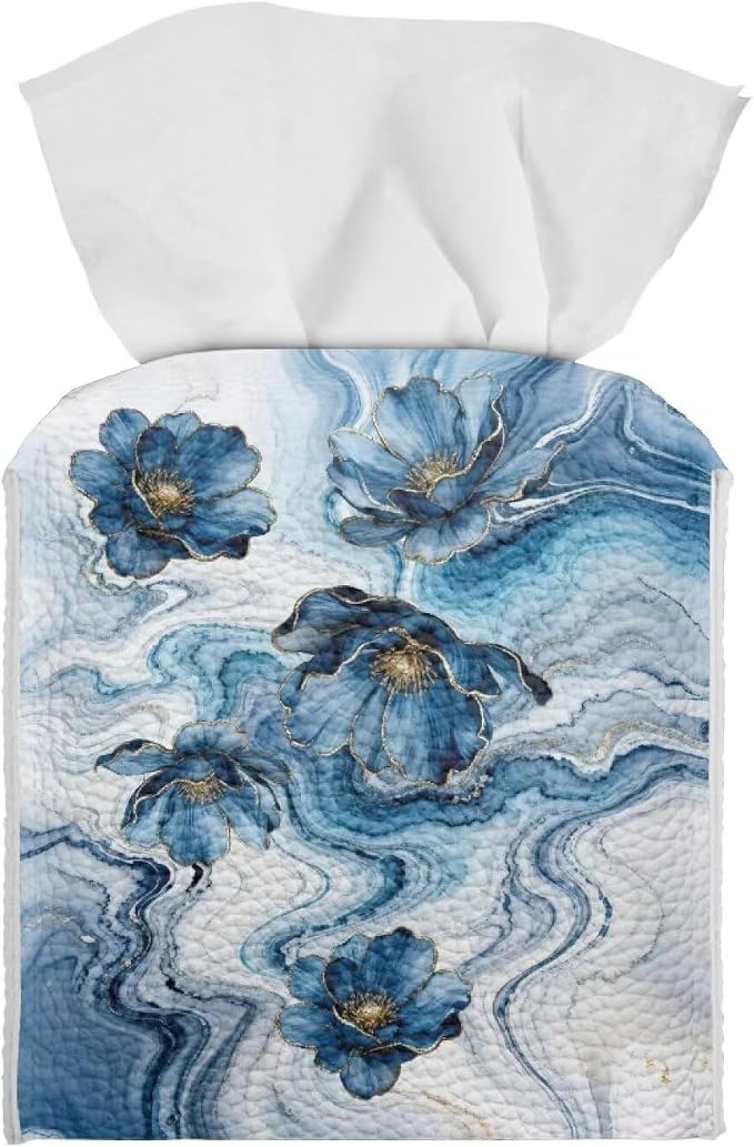 Blue Marble Flower Tissue Box Holder Waterproof PU Leather Square Modern Tissue by Pzuqiu