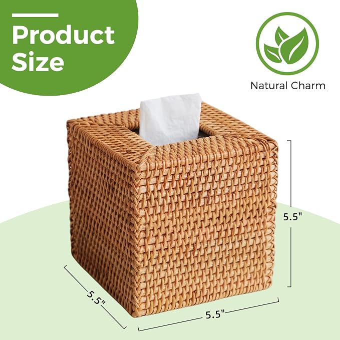 2 Pack Natural Rattan Tissue Box Cover, Hand Woven Square Wicker Holder - Image 2