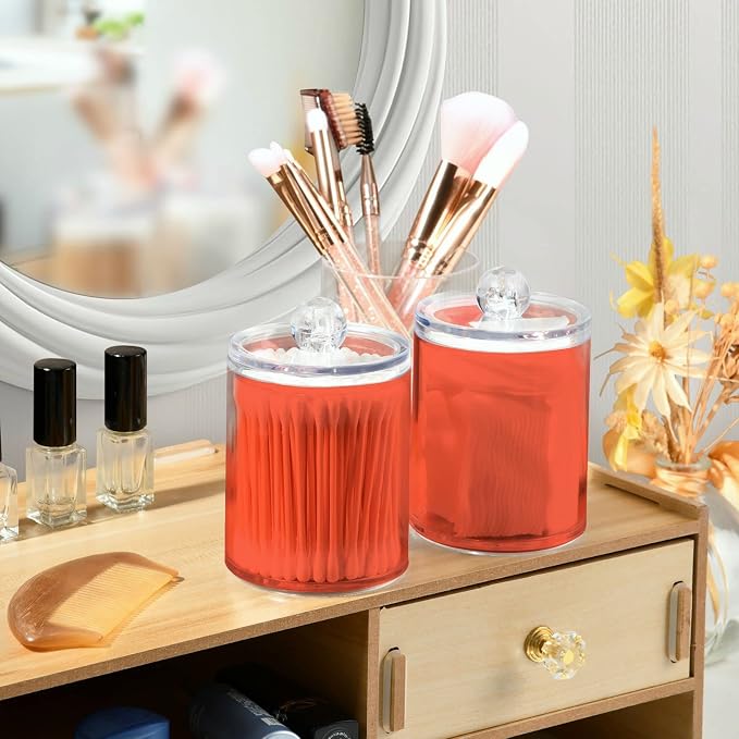 Tomato Red Qtip Holder Organizer Dispenser Cotton Swabs Cans Plastic Jars - Image 6