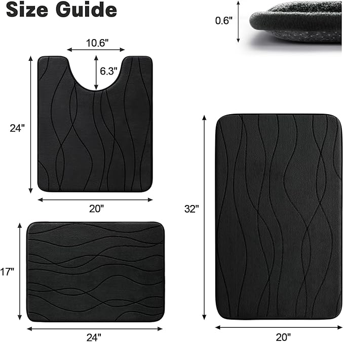 YIHOUSE Memory Foam Black Bathroom Rug Sets 3 Piece, Ultra Absorbent Bath Mat - Image 2