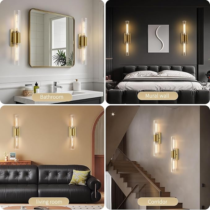 21" Gold Wall Sconces Set of Two, 2-Light Bathroom Sconces Vanity Light Tube - Image 3