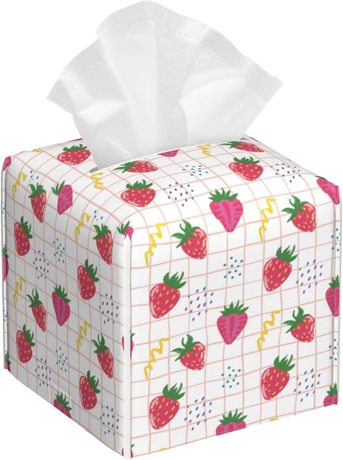 Cute Pink Strawberries Tissue Box Cover Square, Cartoon Strawberry Fruits by sndheke