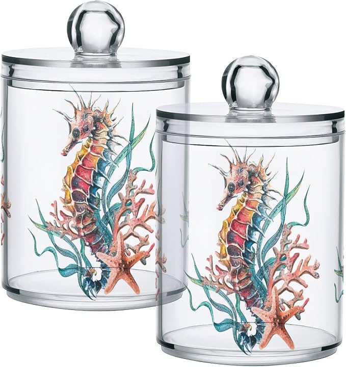 4 Pack Qtip Holder Dispenser Seahorse Starfish Watercolor Ocean Cotton Ball by ALAZA