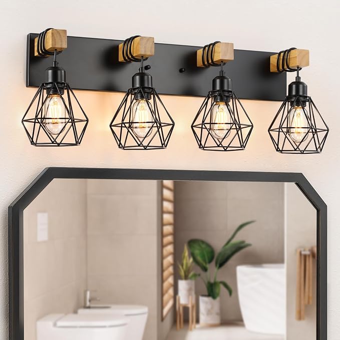 4-Light Farmhouse Bathroom Vanity Light Fixtures, Wood Bathroom Light Fixtures by MAESTA