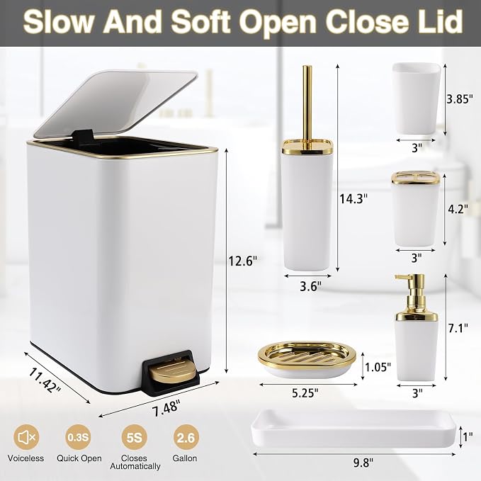 White Bathroom Accessories Set 8 Piece White and Gold Bathroom Set, Bathroom - Image 6