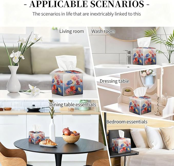 Floral Tissue Box Cover Leather Tissue Box Holder Square Facial Paper Organizer - Image 6