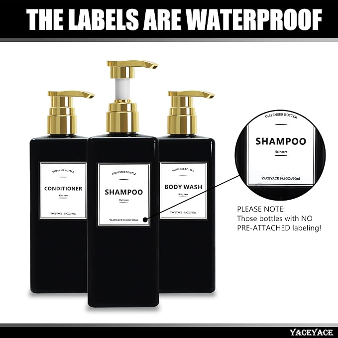 Black Shampoo Bottles with Gold Pump YACEYACE 16.9oz Set of 3 Shampoo and - Image 2