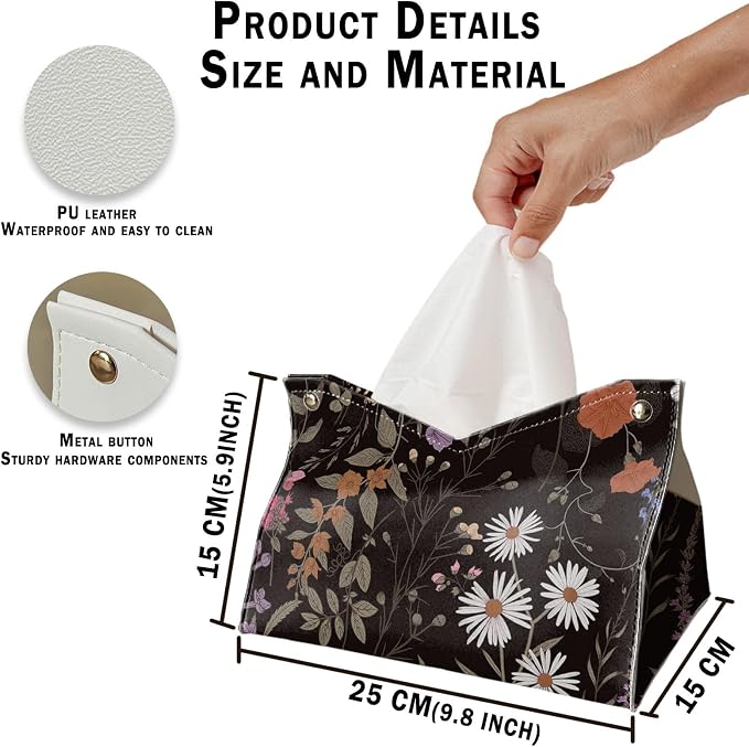 Black Rectangle Tissue Box Cover, Flroal Decorative Tissue Paper Holder - Image 5