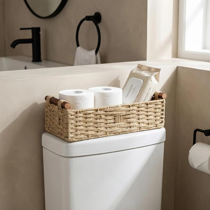 Back of Toilet Basket, Khaki Wicker Toilet Tank Basket - Image 2