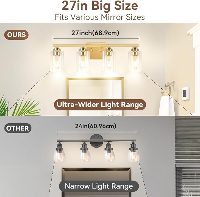 4-Light Bathroom Light Fixtures, Brushed Gold Vanity Lights, Classic Wall Lamp - Image 6