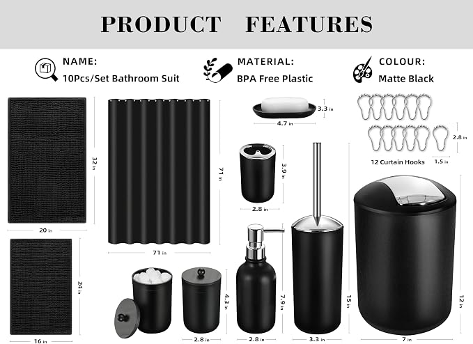 Black Bathroom Accessories Set, Bathroom Accessories Sets Complete - Image 2