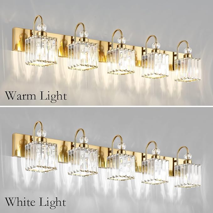 Ralbay Gold Crystal 5-Light Bathroom Vanity Lights Over Mirror Modern Crystal - Image 3