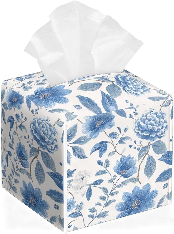 Floral Tissue Box Cover Blue Leather Tissue Box Holder Square Facial Paper by Unknown