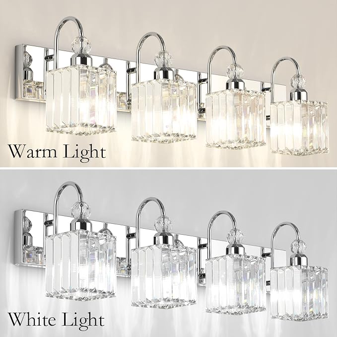 Ralbay Chrome Crystal Vanity Light 4-Lights 31.5'' Modern Bathroom Wall - Image 4