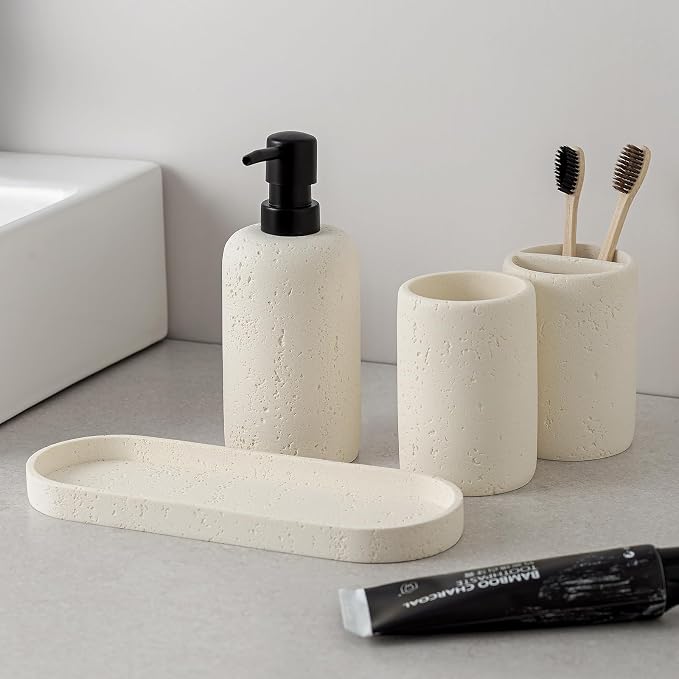 Bathroom Accessories Set, 4 Piece Travertine Stone Look Collection, Modern Bath - Image 6