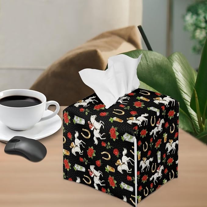 Rose Racing Horse Decorative Tissue Box Cover, Waterproof PU Leather Square - Image 4