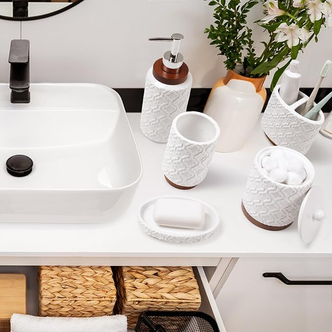 Elegant Bathroom Accessories Set 5 PCS Ceramic and Wood Bathroom Accessory Set - Image 4