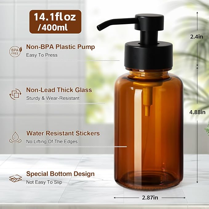 Amber Foam Soap Dispenser, 14.1 oz/400ml Foaming Hand Soap Dispenser, 2 Pack - Image 3