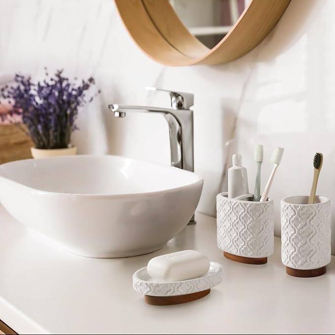 Elegant Bathroom Accessories Set 5 PCS Ceramic and Wood Bathroom Accessory Set - Image 7