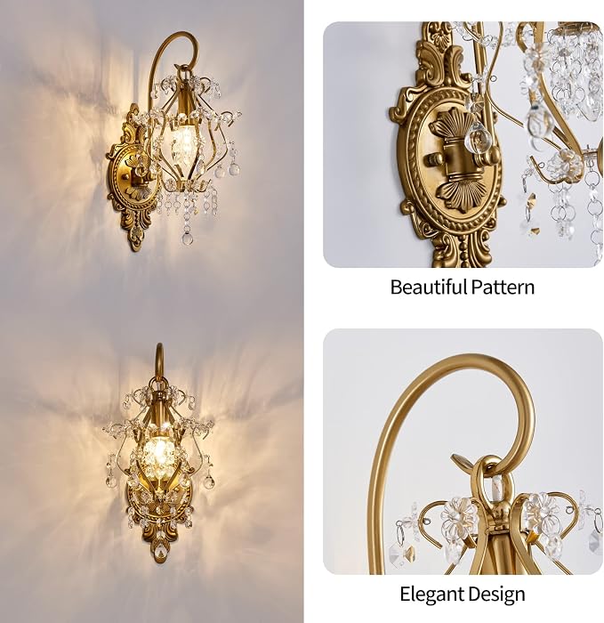 Gold Crystal Vintage Wall Sconces Set of 2 Indoor Hardwired Wall Light Fixture - Image 4