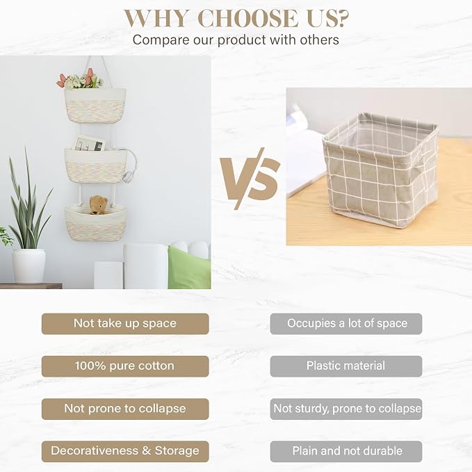 TeoKJ 3-Tier Woven Cotton Wall-Mounted Hanging Storage Baskets, Over the Door - Image 4