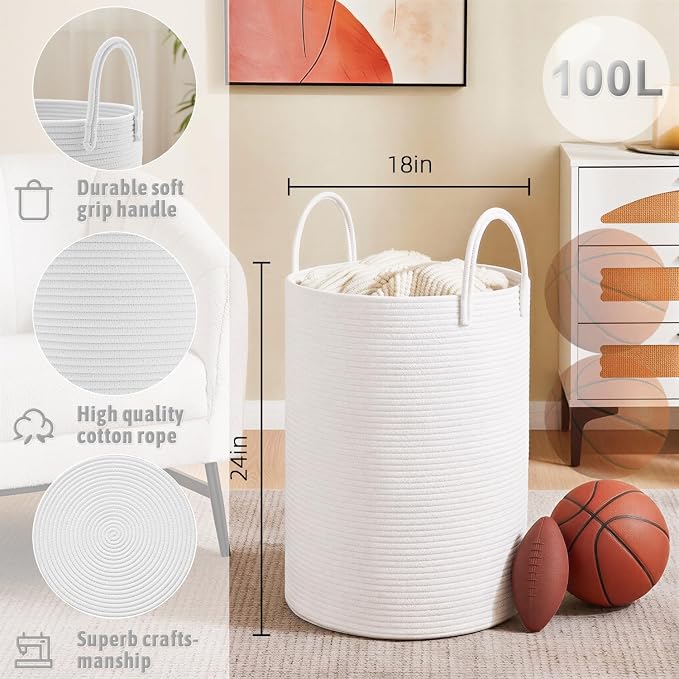 Laundry Basket, Woven Cotton Rope Laundry Hamper, 100L - Image 6