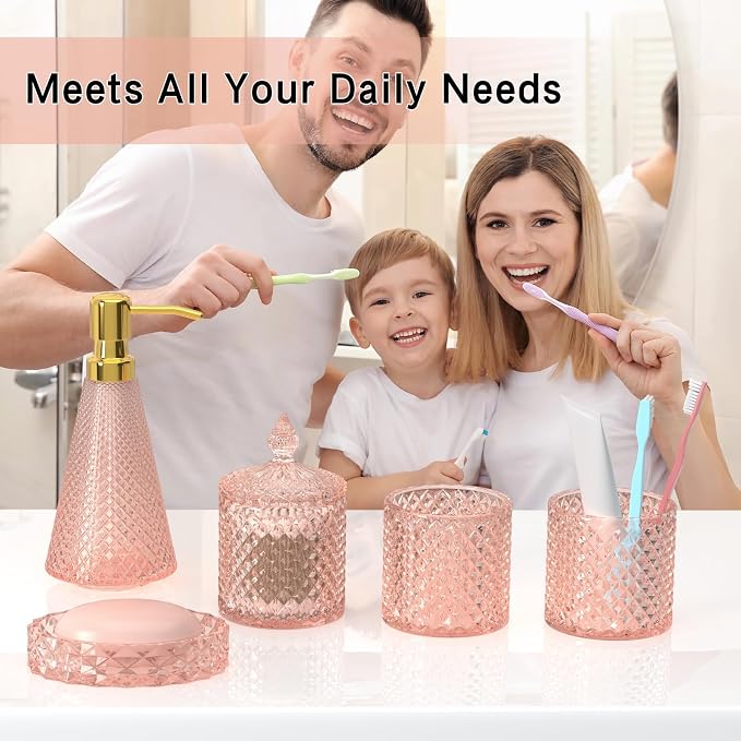 Pink Glass Bathroom Accessories Set 5 Pcs, Soap Dispenser and Toothbrush Holder - Image 2