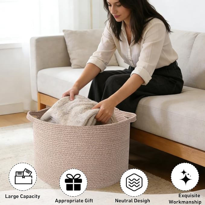 65L Large Blanket Basket, 19.7" L x 19.7" W x 13" H Rope Woven Baskets - Image 4