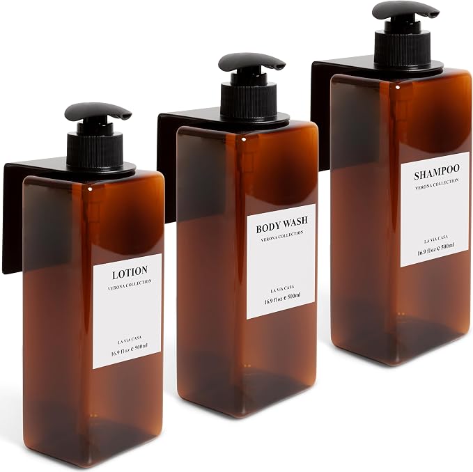 Shampoo and Conditioner Dispenser | 3 Plastic Amber 3 Wall Mount Black | by LaViaCasa-WhereEcoLuxuryMeetsStylishSpaces