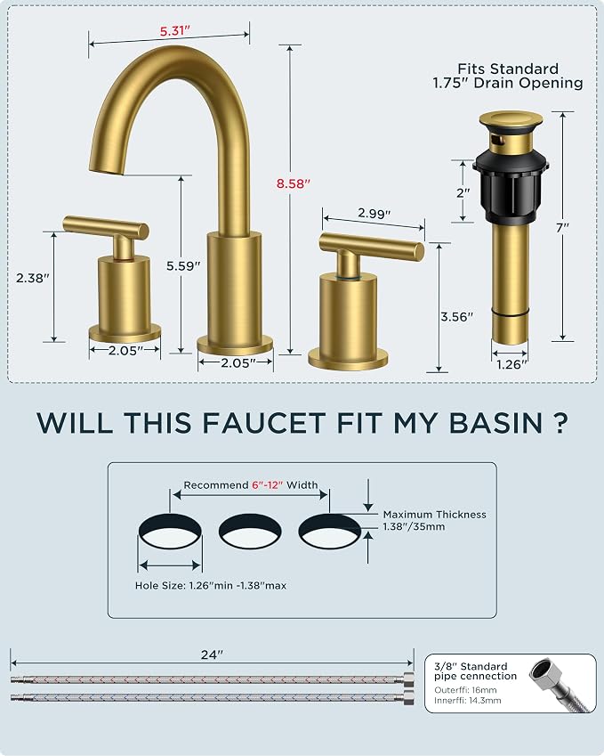 FORIOUS LED Bathroom Faucet Gold, 3 Hole Bathroom Faucet Brushed Gold Widespread - Image 8
